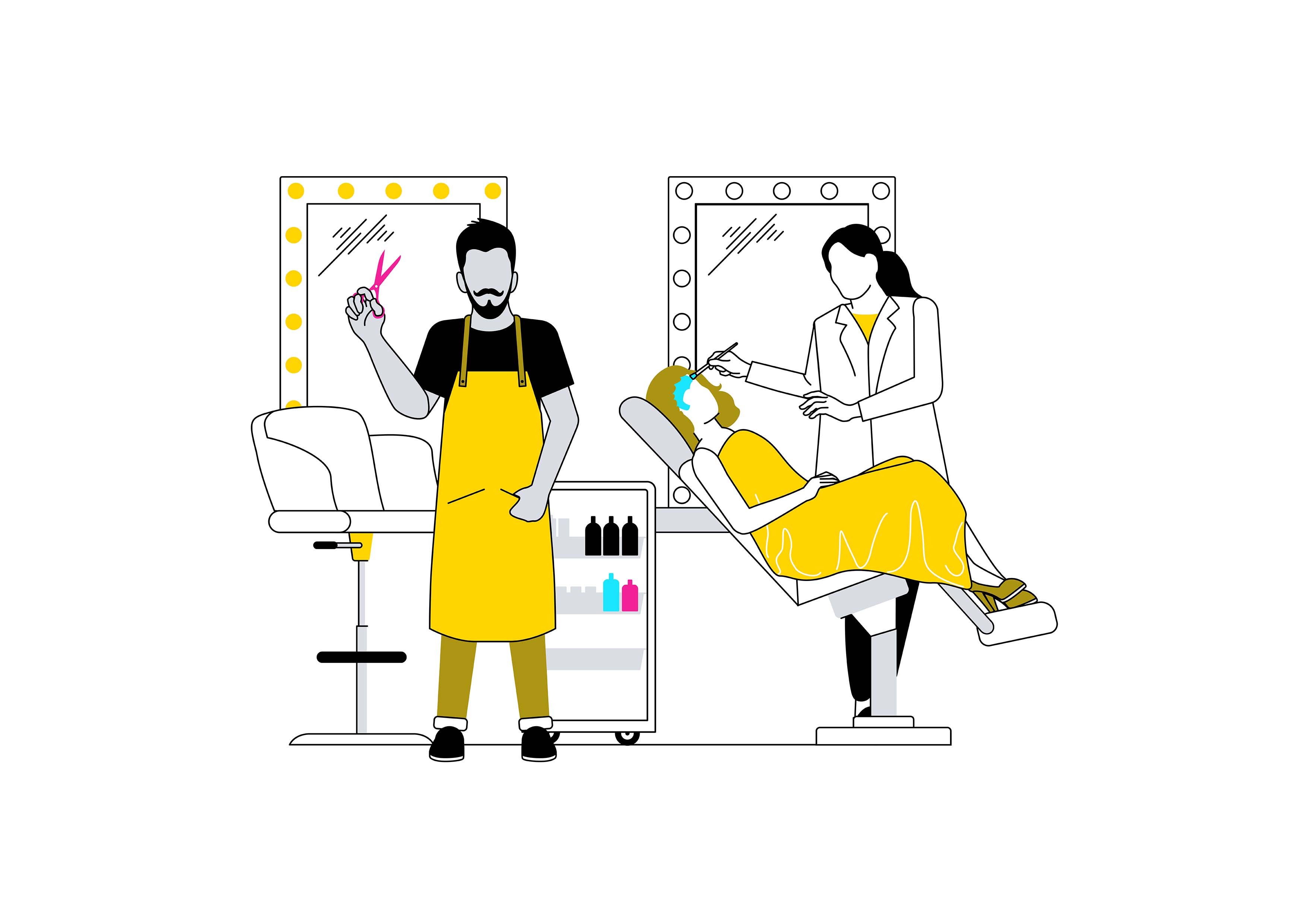 Een kapper knipt haar terwijl een schoonheidsspecialist een gezichtsbehandeling uitvoert in een salon.