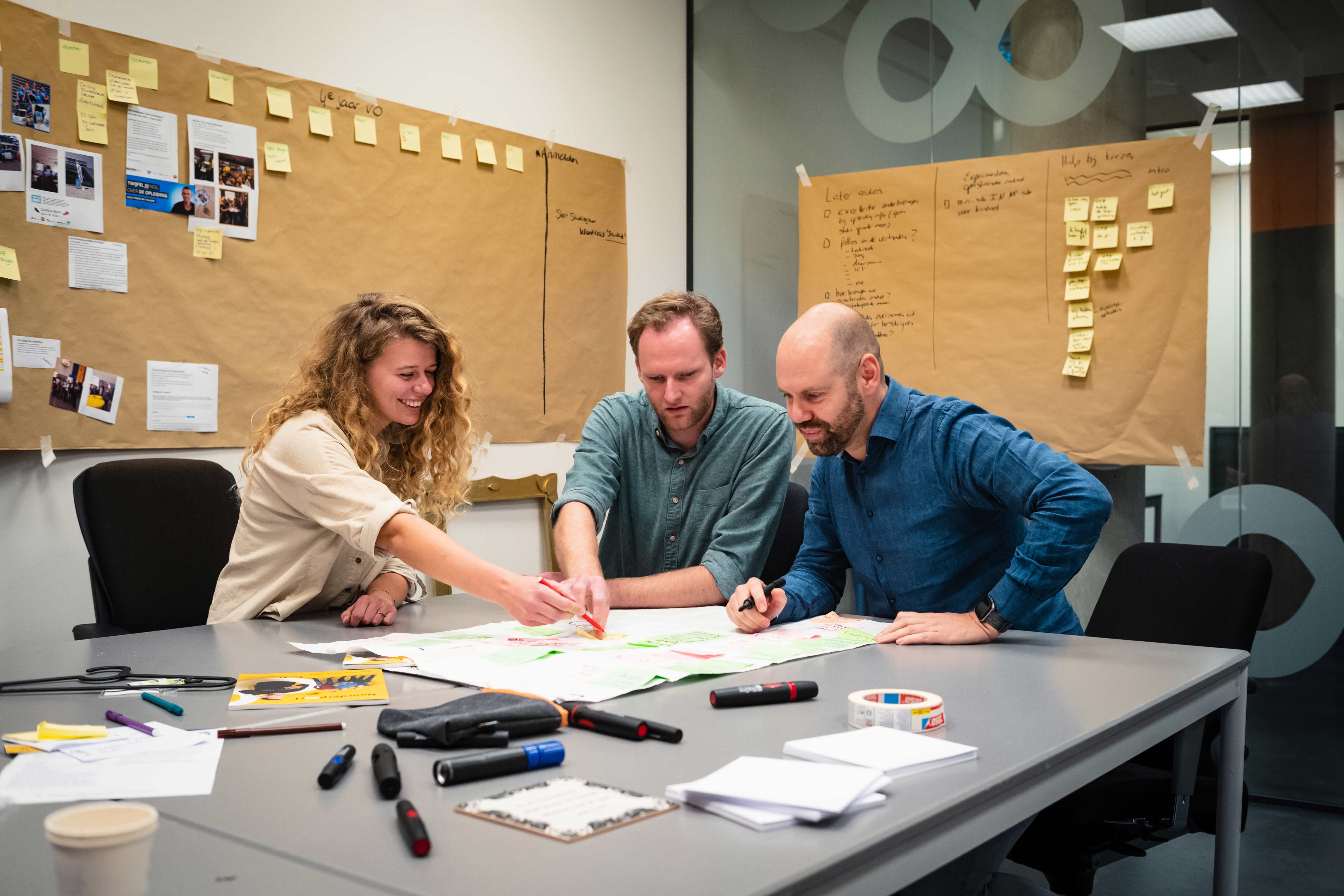 Drie professionals werken samen aan een project met notities en plannen op de achtergrond.