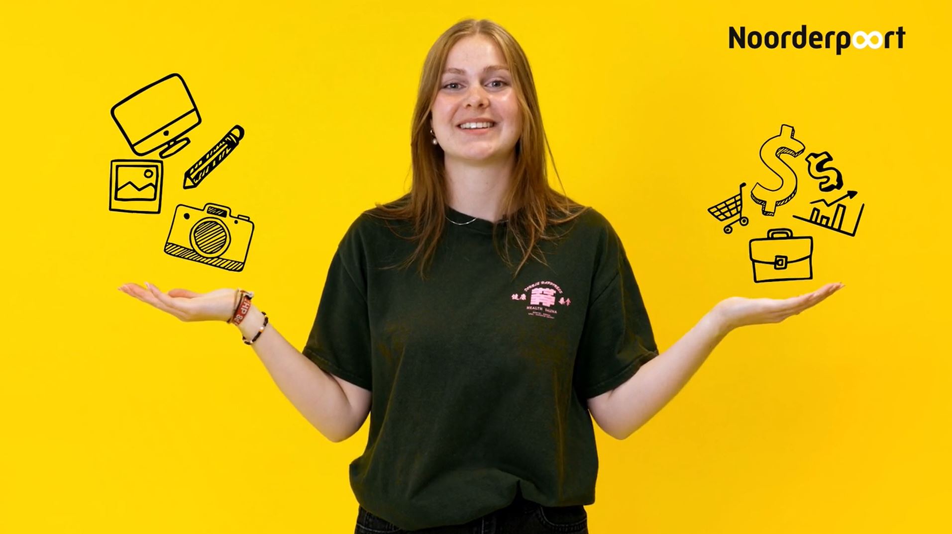 Toekomstige student overweegt verschillende studierichtingen met symbolen van beroep en technologie.
