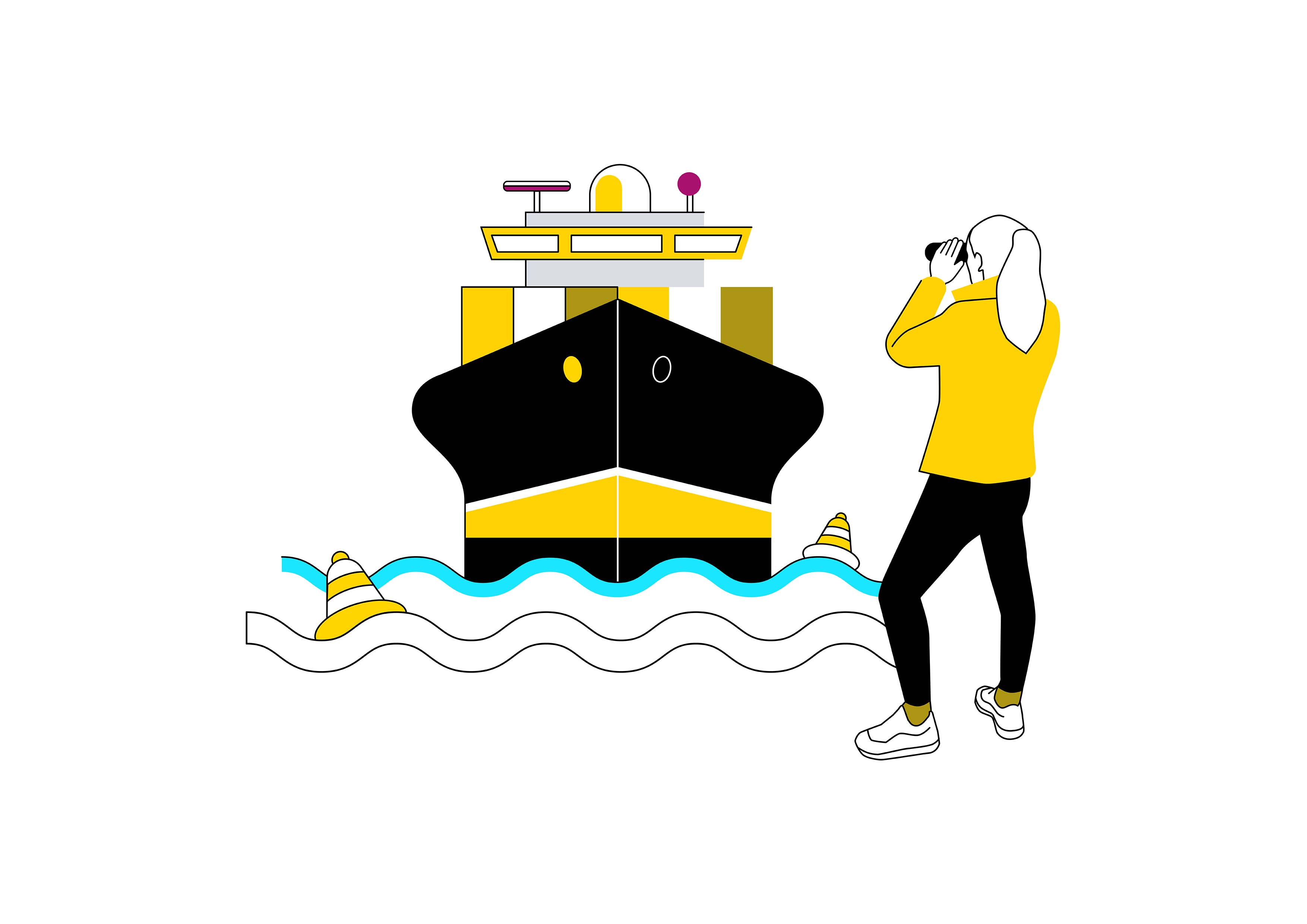 Student bekijkt een schip met een verrekijker bij een maritieme opleiding van Noorderpoort