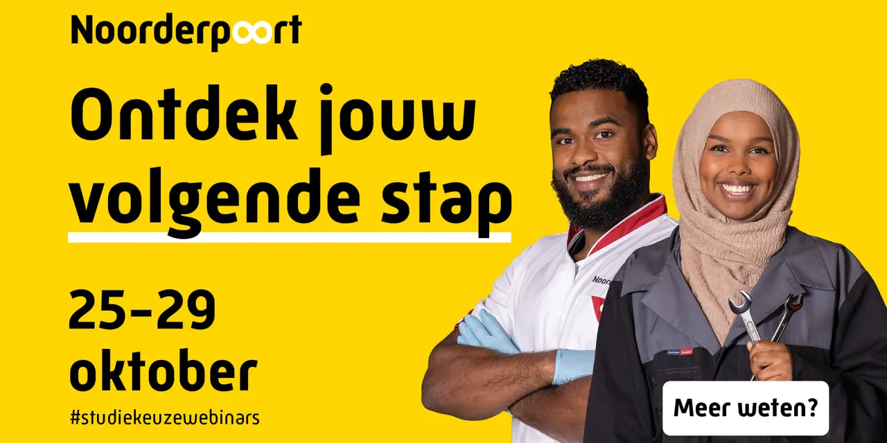 Twee enthousiaste studenten poseren als voorbeeld voor Noorderpoort studiekeuze-webinars van 25 t/m 29 oktober