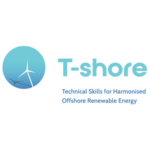 Logo van T-shore, een project gericht op technische vaardigheden voor offshore duurzame energie.
