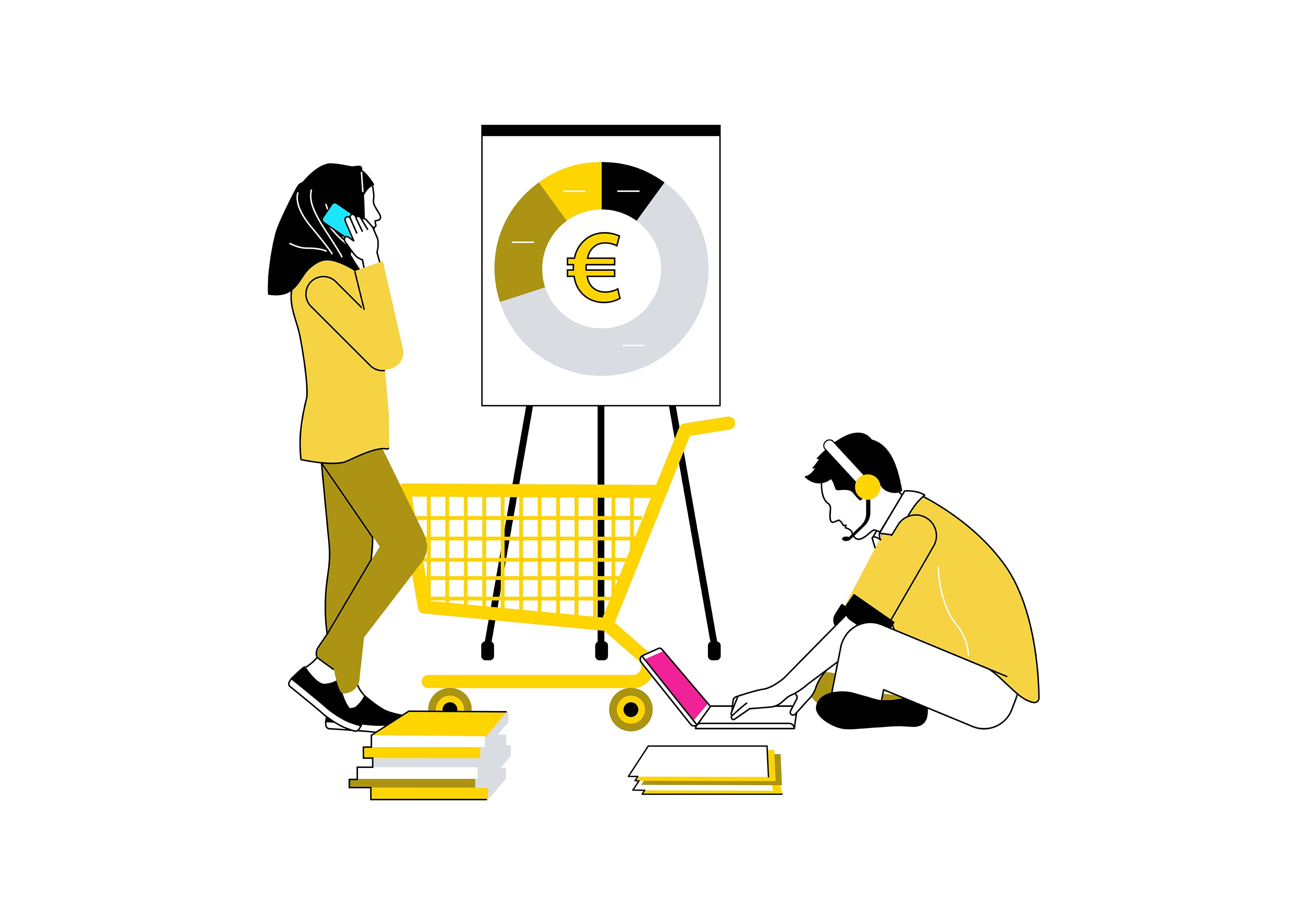 Studenten die samenwerken aan een project over economie met grafiek en laptop ter ondersteuning van ondernemerschap.