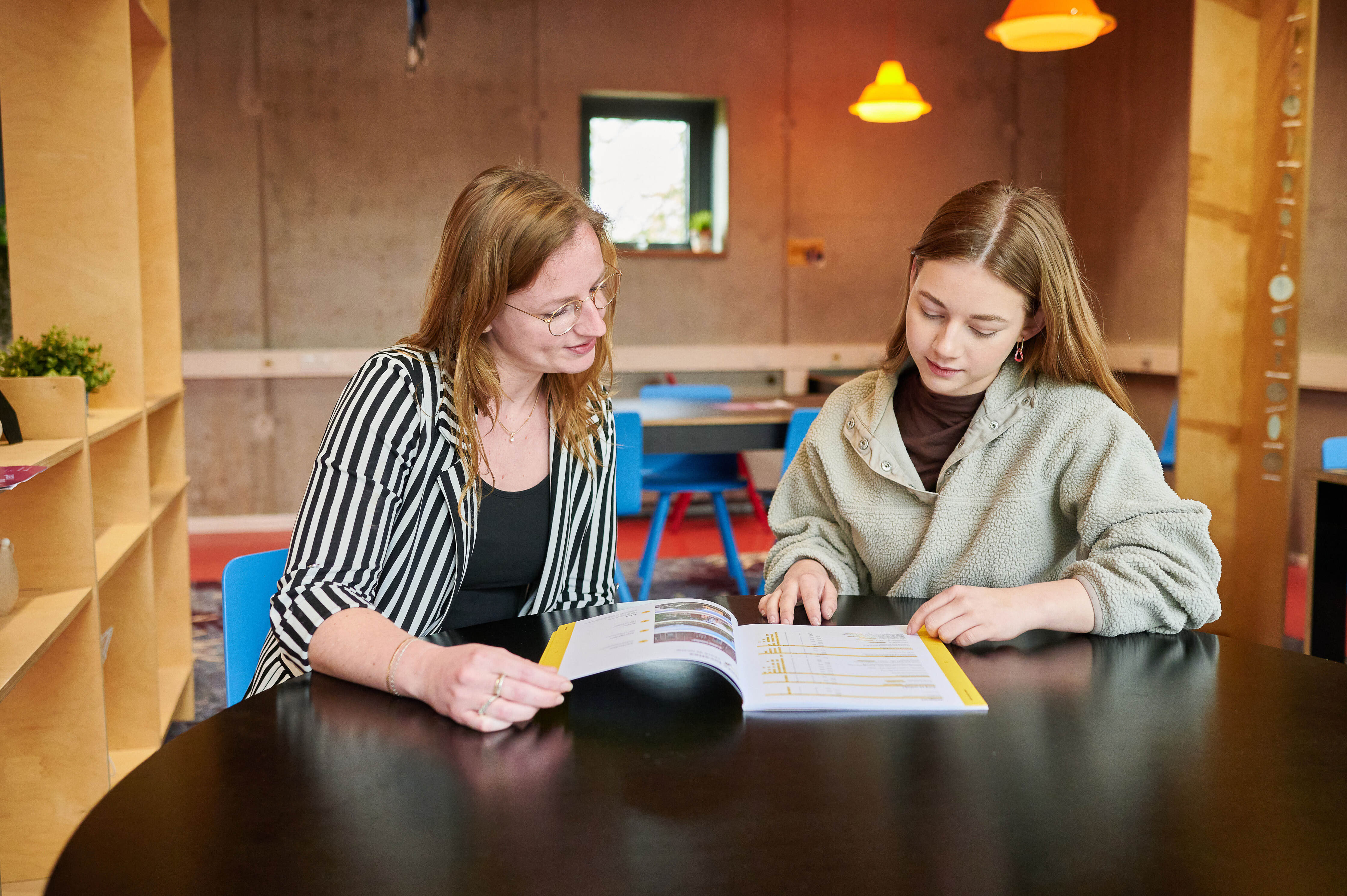 Twee personen bespreken samen een document, gericht op begeleiding en ondersteuning bij studie.