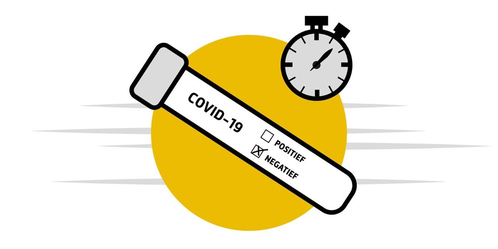 Negatief COVID-19 sneltestresultaat weergegeven met een stopwatch als symbool voor tijdsduur.