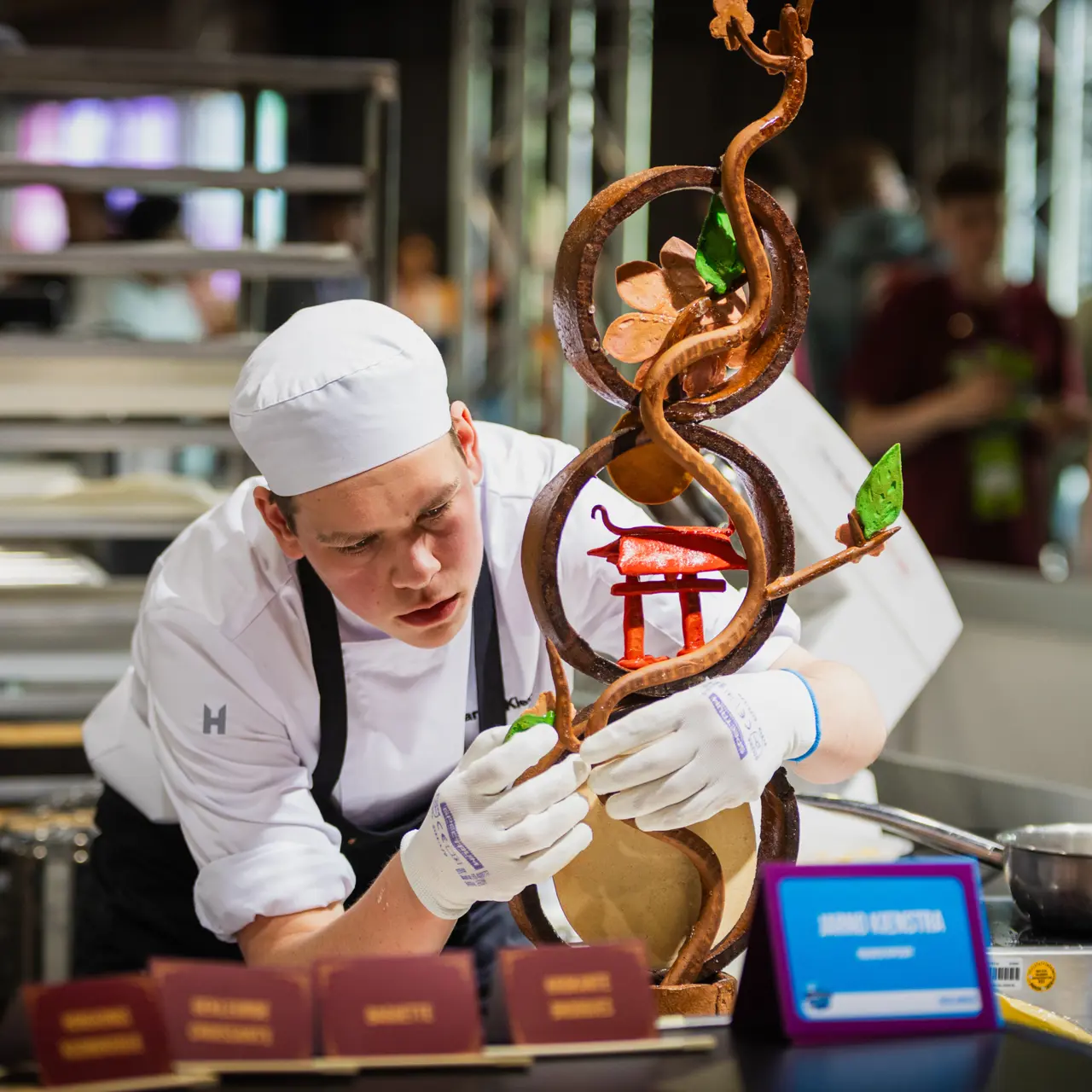 Student bereidt gedetailleerd chocoladekunstwerk voor tijdens landelijke Skills-wedstrijden.