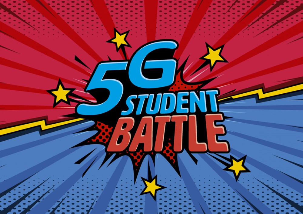 Grafische tekst die de 5G Student Battle aankondigt met een dynamisch en kleurrijk pop-art ontwerp