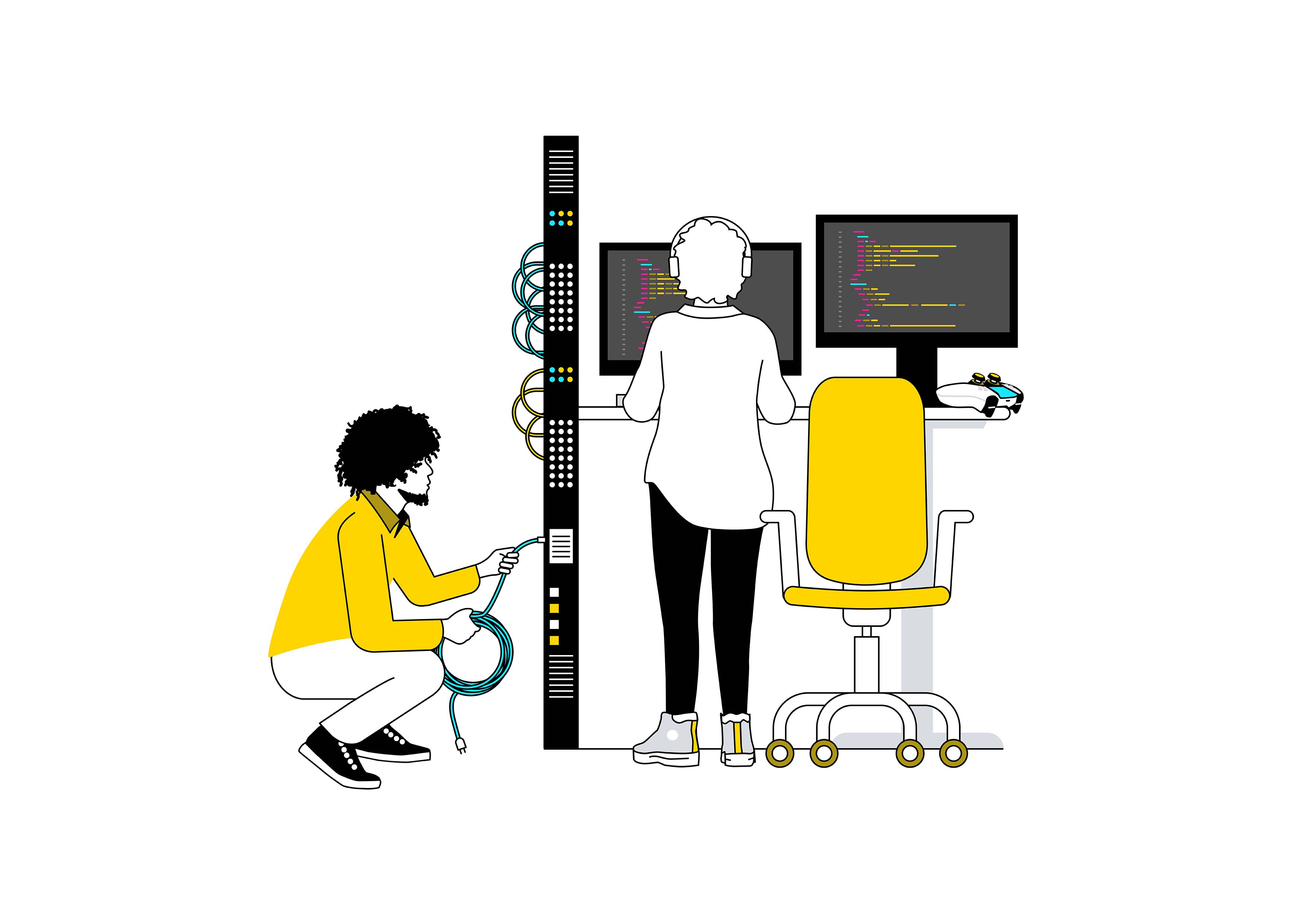 Twee IT-studenten werken samen met serverkabels en code op schermen, gericht op netwerktechnologie.