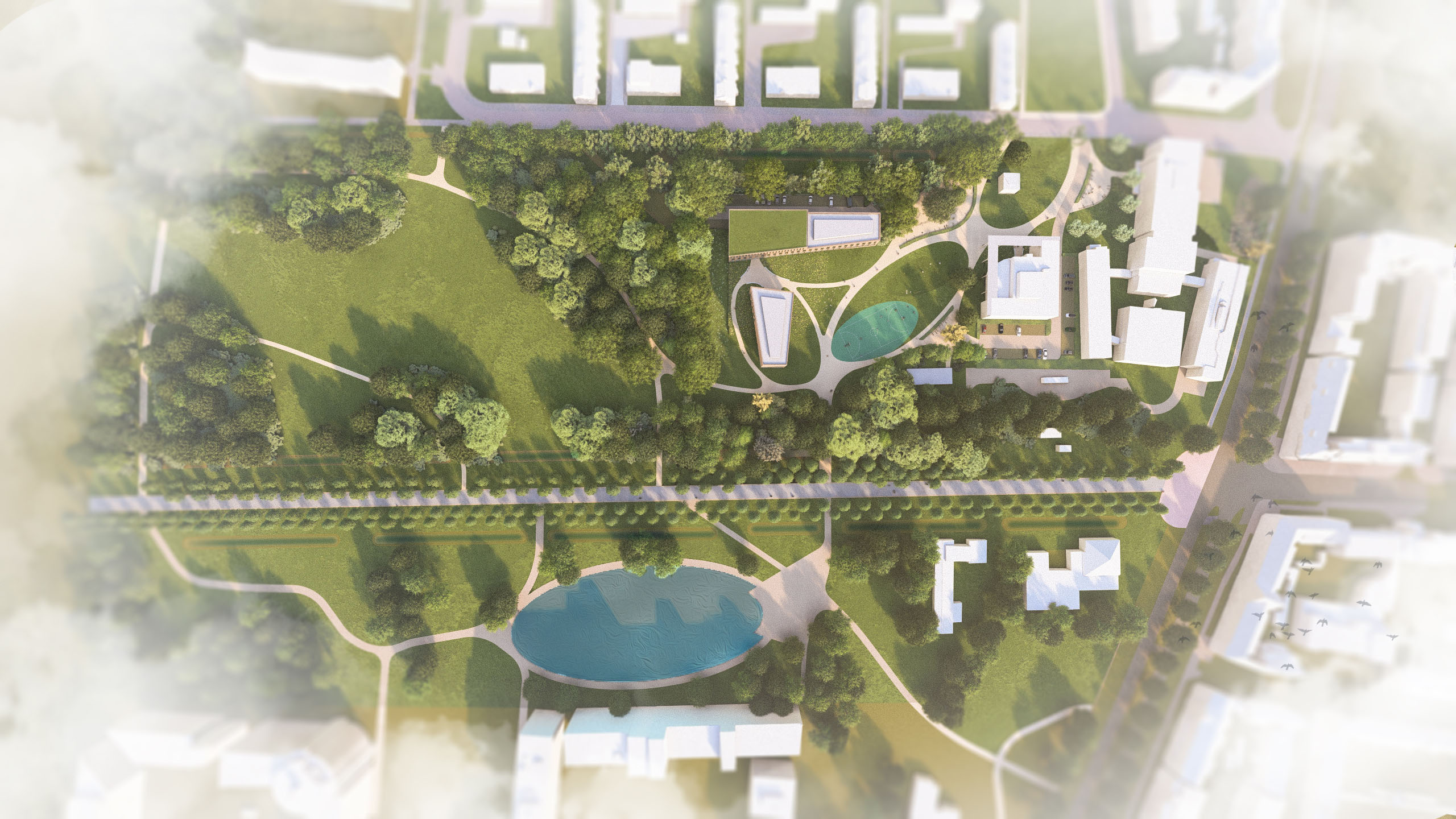 Luchtfoto van onderwijsgebouw Noorderpoort aan Verzetsstrijderslaan met omringend stadspark en waterpartijen