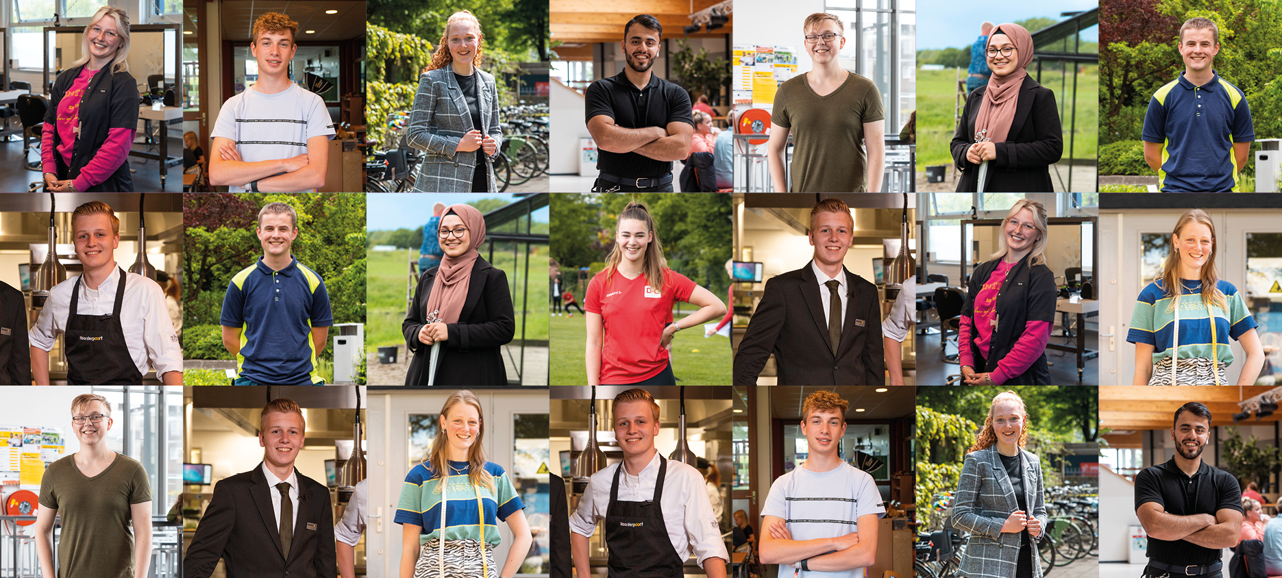 Groep diverse mbo-studenten in praktijk en studieomgevingen van Noorderpoort, enthousiast en leergierig