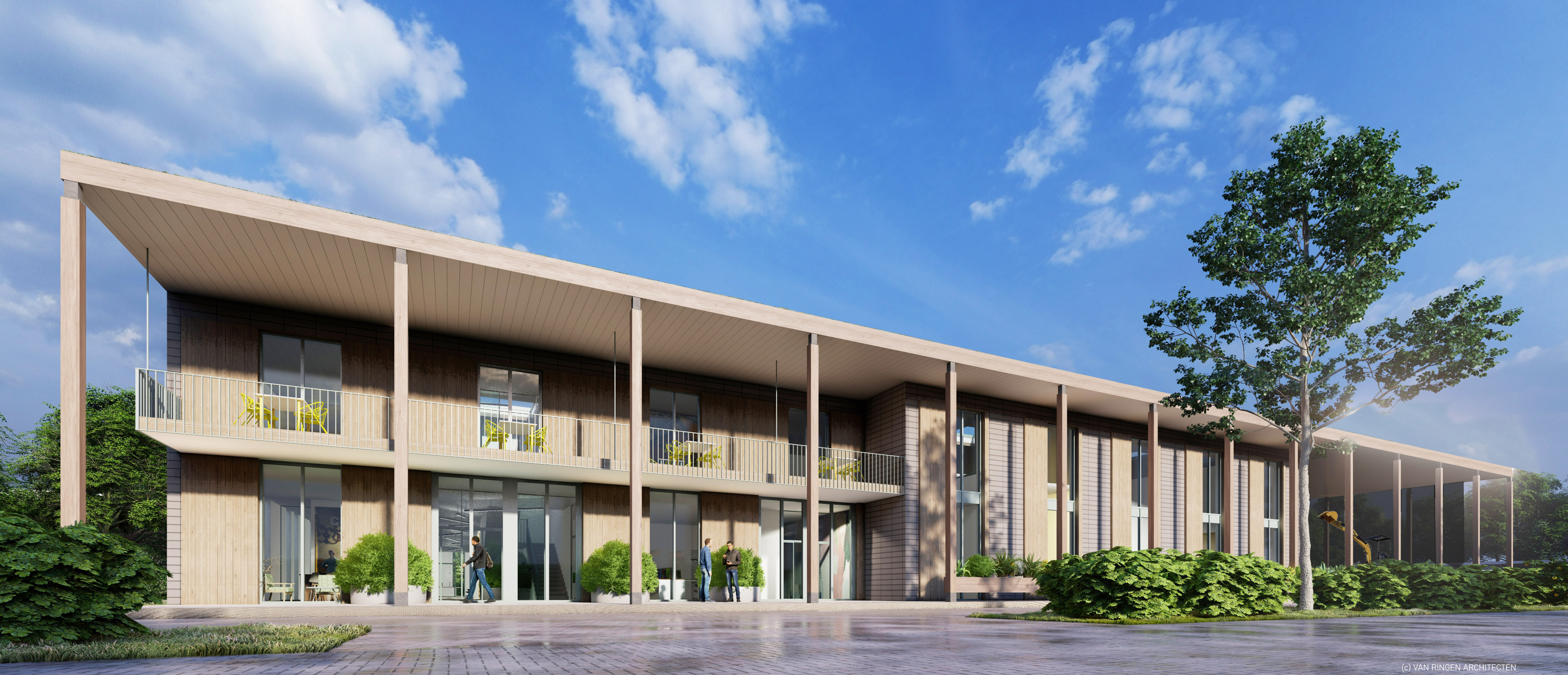 Moderne bouw met duurzame materialen als kennis- en trainingscentrum voor de gebouwde omgeving in Noord-Nederland