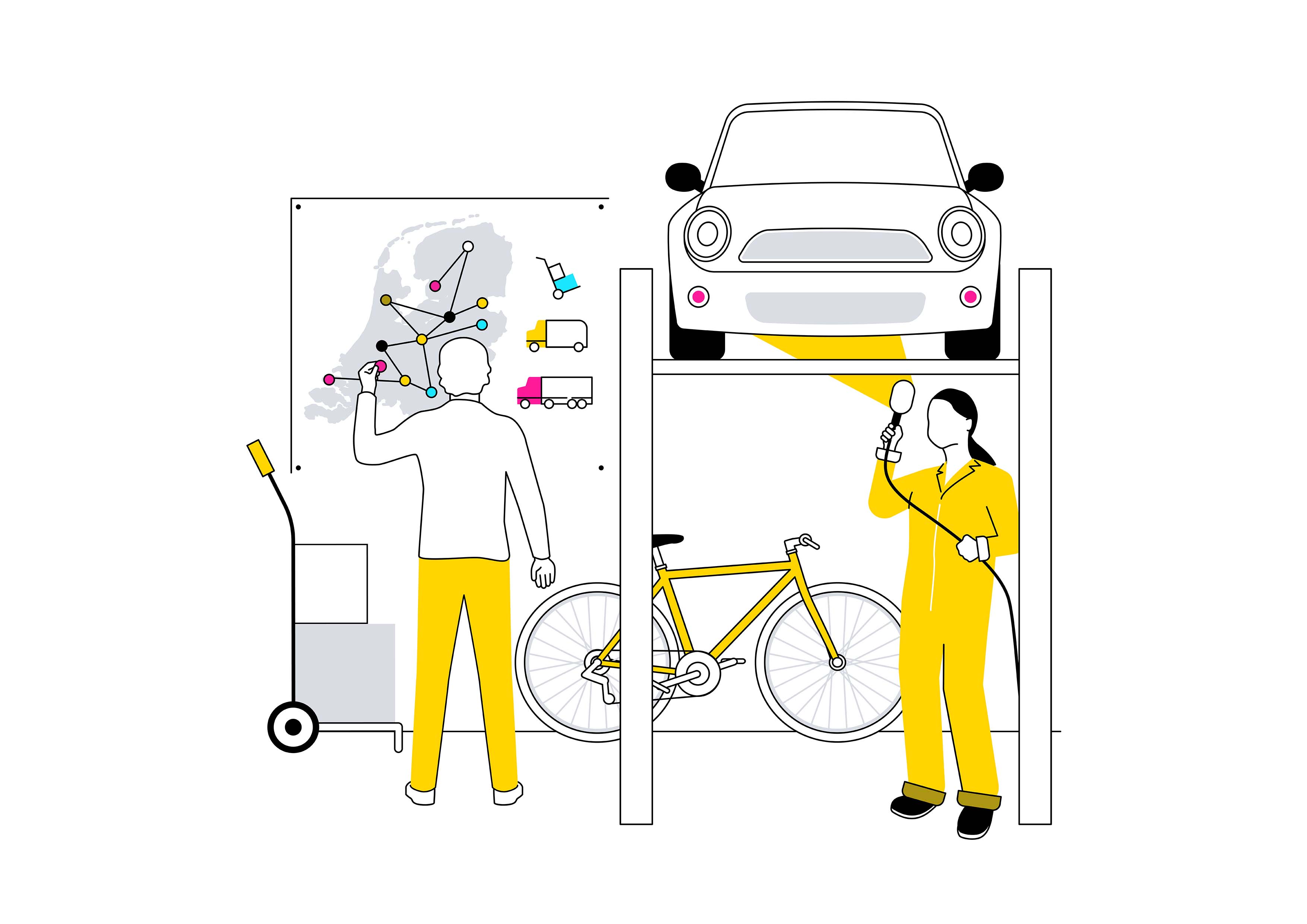 Twee personen in een logistieke omgeving, één bekijkt een kaart van transportnetwerken en de ander inspecteert een voertuig.